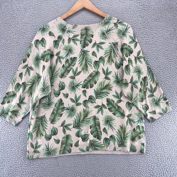 J Jill Sweater Women Large Green Fern Floral 3/4 Raglan Sleeve Crewneck Pullover - Picture 3 of 11